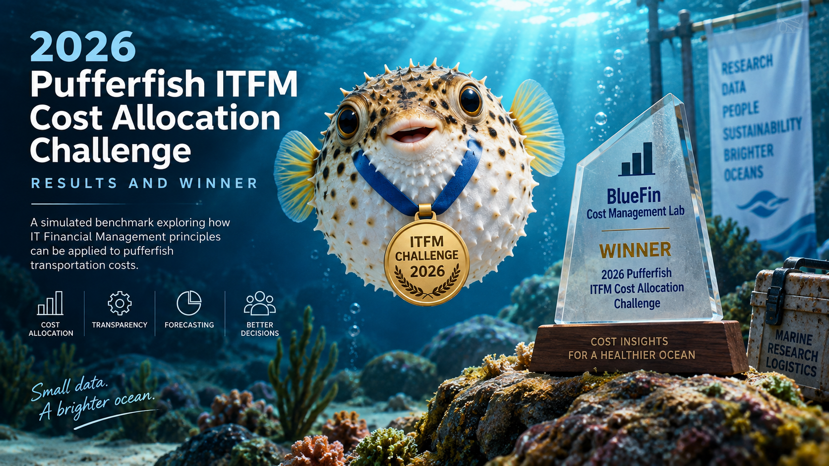 2026 Pufferfish ITFM Cost Allocation Challenge showing BlueFin Cost Management Lab as the simulated winner.